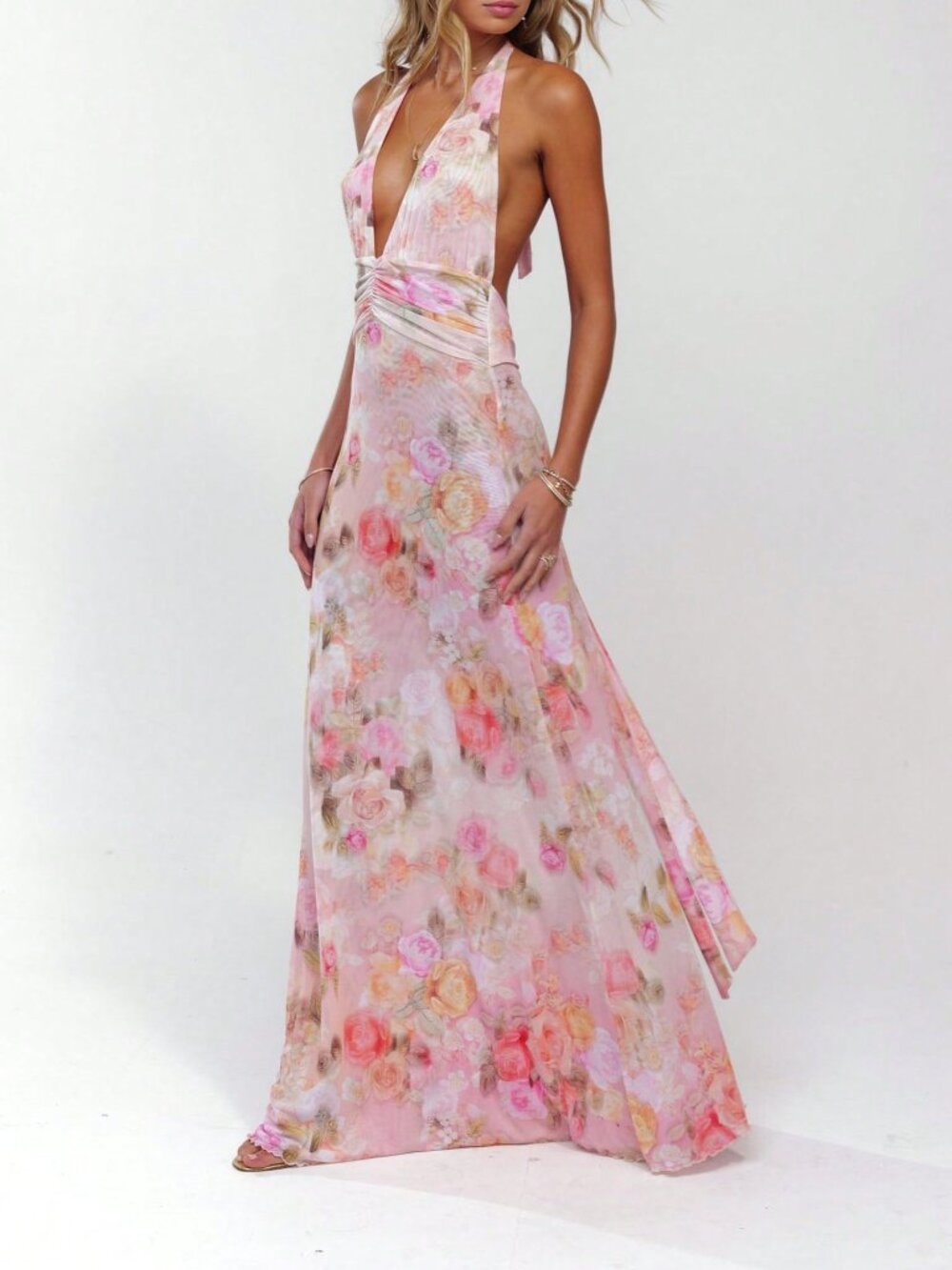 Pink Boho Women's Floral Print Halter Maxi Bodycon Dress - Picture 3 of 4